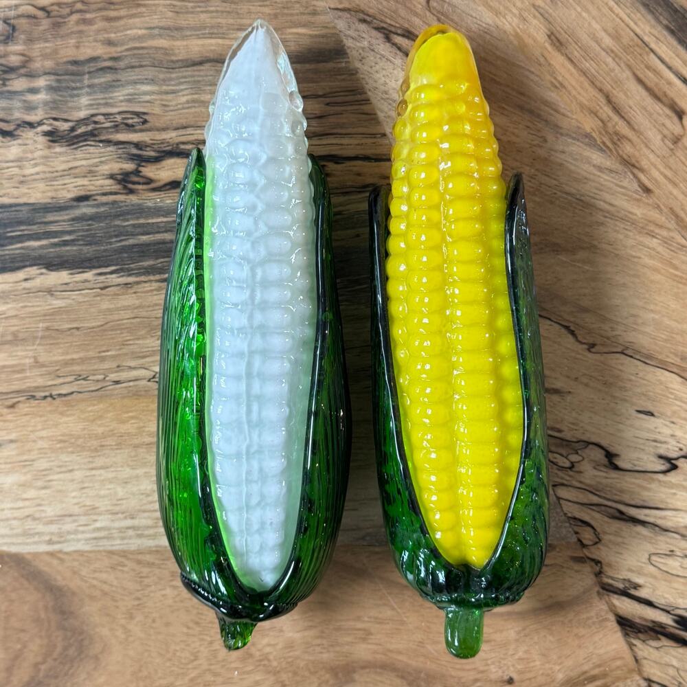 Vintage Murano Style Glass Corn On The Cob Figurine Pair Yellow White 7.75"